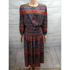 Lady Carol Vintage Dress 80s Paisley Print Belted Secretary Career Boho Size 8